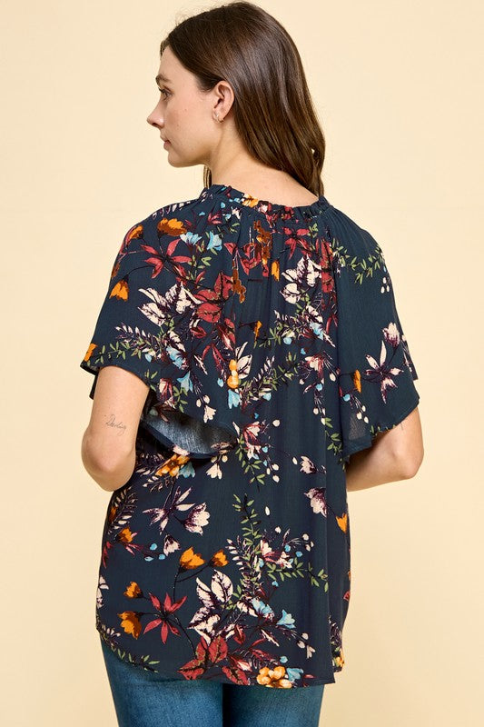 Jessica Floral Print Short Sleeve Blouse: Teal