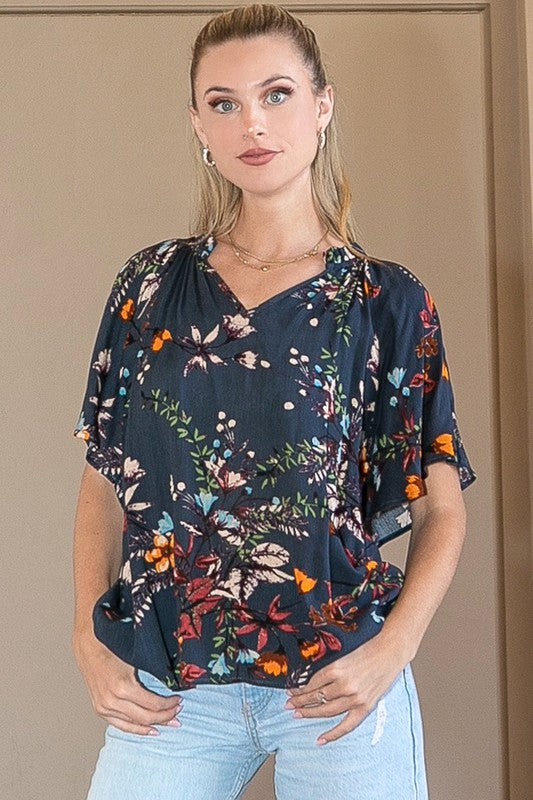 Jessica Floral Print Short Sleeve Blouse: Teal