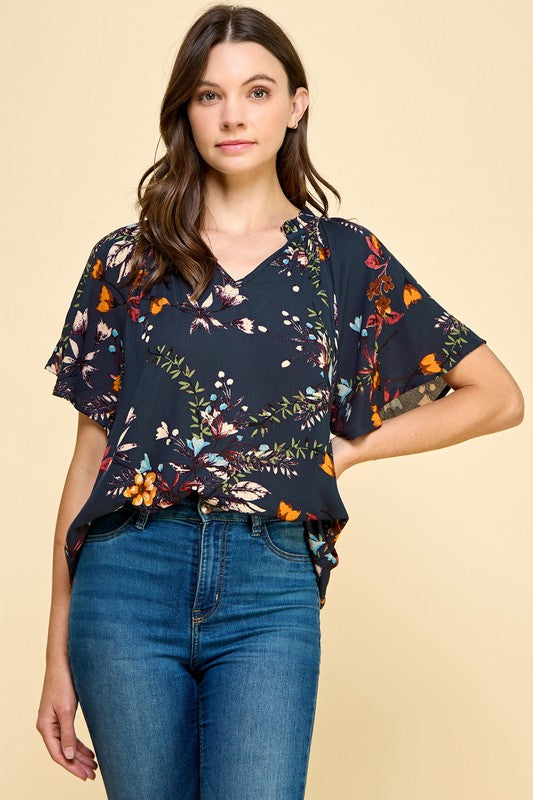 Jessica Floral Print Short Sleeve Blouse: Teal