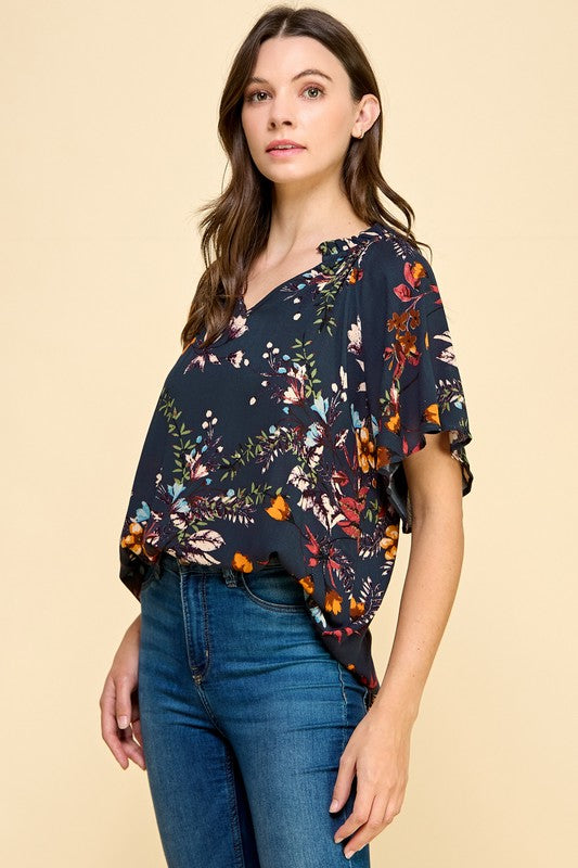 Jessica Floral Print Short Sleeve Blouse: Teal