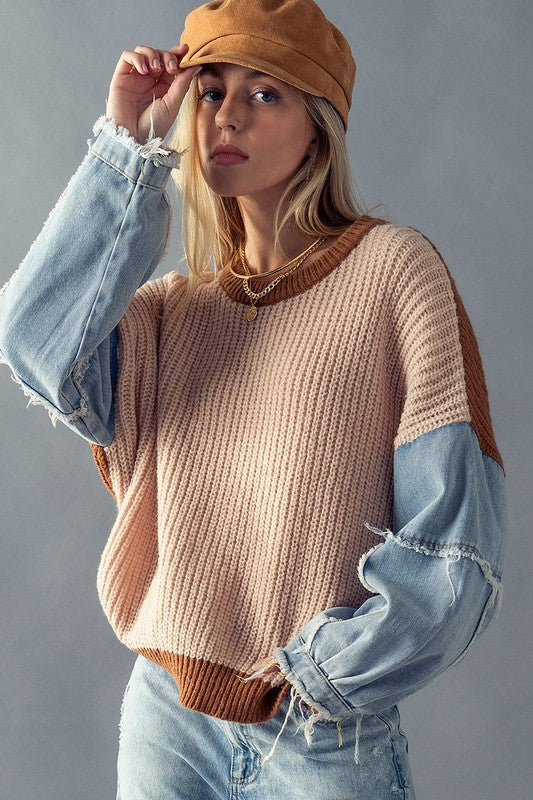 Sam Denim Sleeve Knit Sweater- Taupe