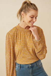 Caroline Womens Pleated Ditsy Floral Smock Detail Top: Mustard