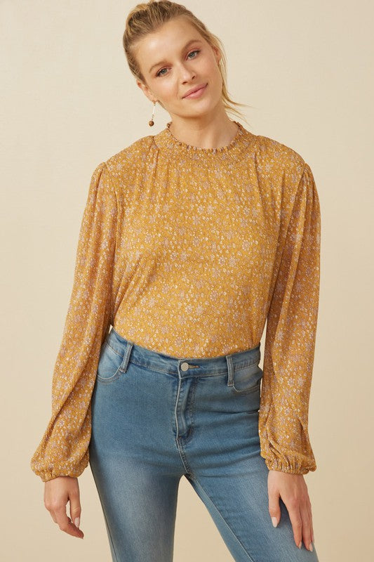 Caroline Womens Pleated Ditsy Floral Smock Detail Top: Mustard