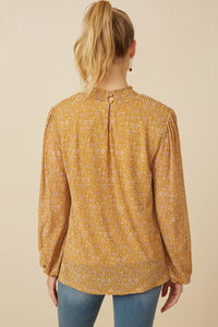 Caroline Womens Pleated Ditsy Floral Smock Detail Top: Mustard