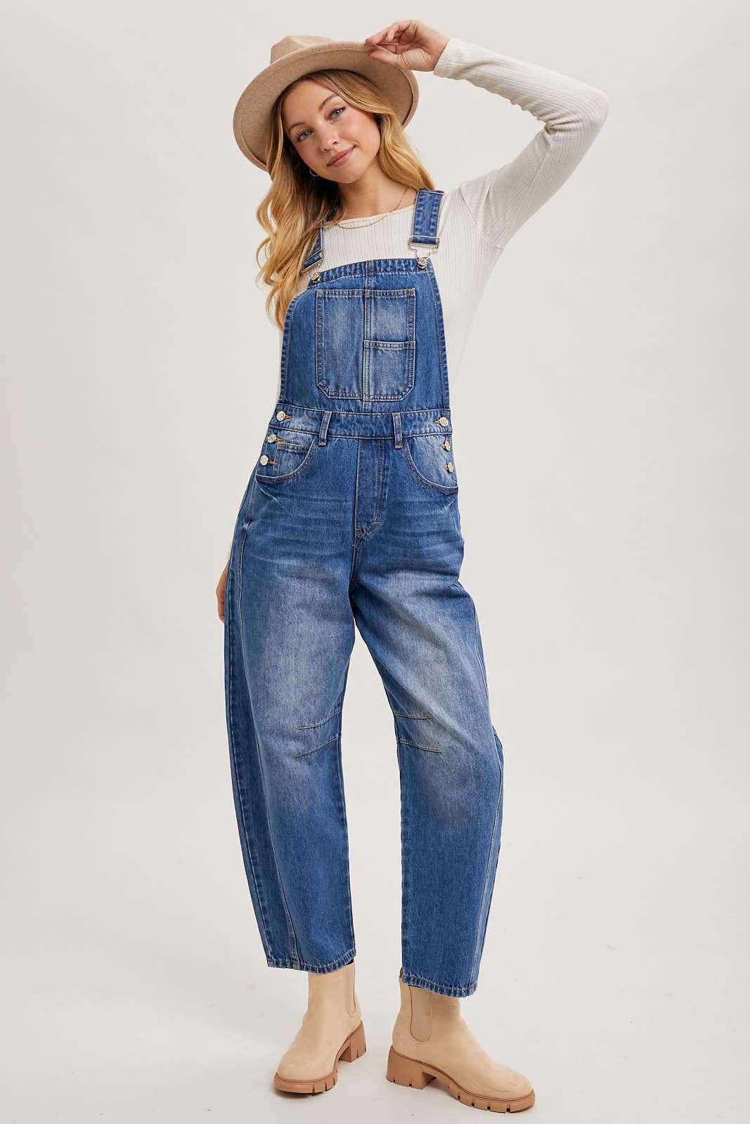 Juniper Barrel Leg Denim Overalls – Vintage Medium Wash Barrel-Leg Overalls with Adjustable Straps