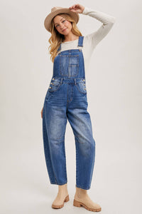 Juniper Barrel Leg Denim Overalls – Vintage Medium Wash Barrel-Leg Overalls with Adjustable Straps