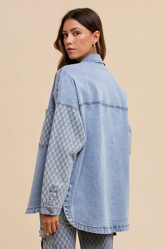 Vanessa Checkered Print Button Down Denim Shacket