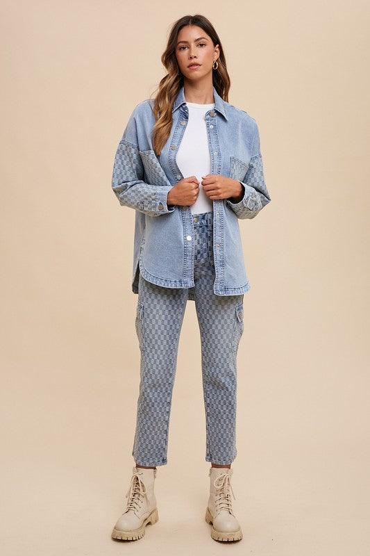 Vanessa Checkered Print Button Down Denim Shacket