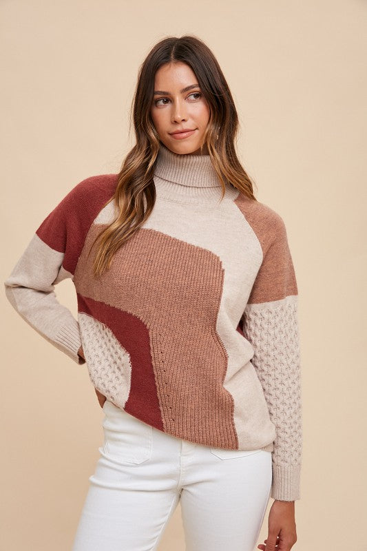 Sabrina Cozy Turtleneck Sweater- Mocha/Multi