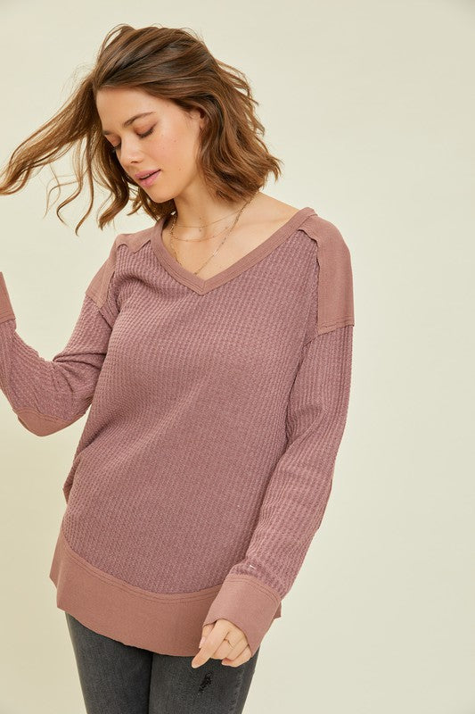 Deena Thermal Layering V-Neck Long Sleeve Top- Plum