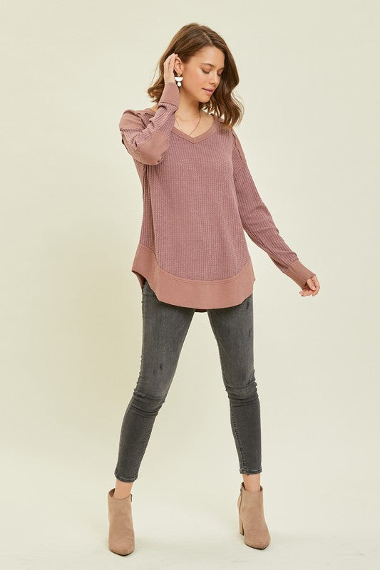 Deena Thermal Layering V-Neck Long Sleeve Top- Plum