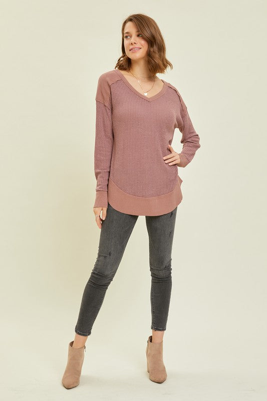 Deena Thermal Layering V-Neck Long Sleeve Top- Plum