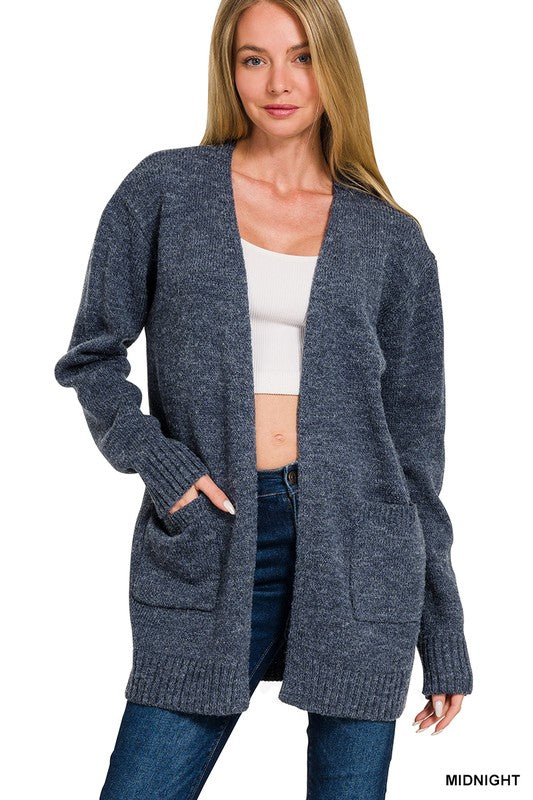 Midnight Moments Open Front Pocket Cardigan - Women’s Cozy Fall Sweater