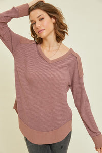 Deena Thermal Layering V-Neck Long Sleeve Top- Plum