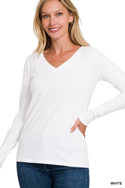 Essential Cotton V-Neck Basic Long Sleeve Top