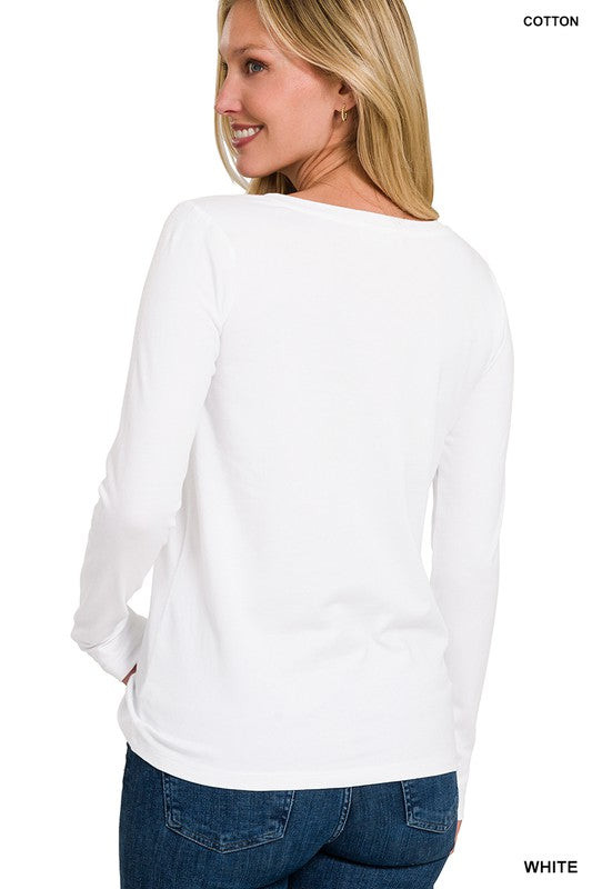 Essential Cotton V-Neck Basic Long Sleeve Top