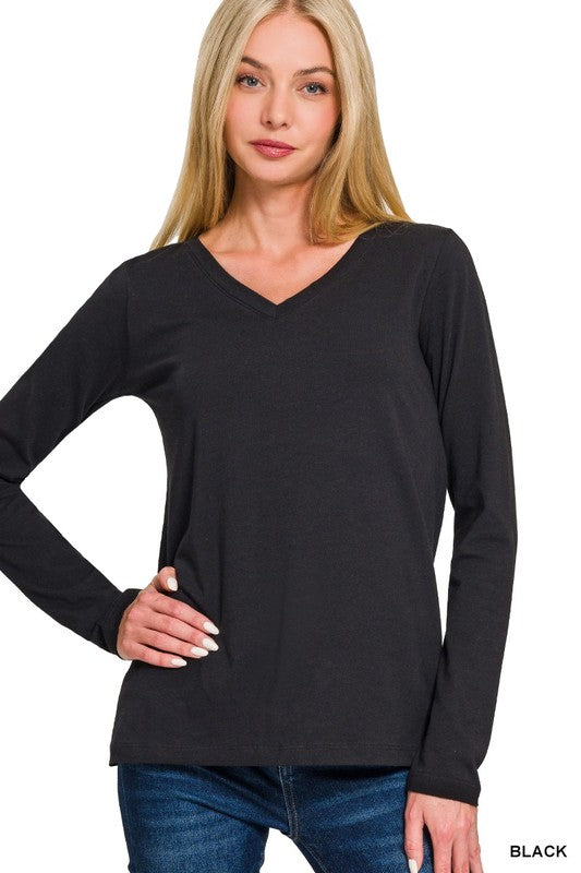 Essential Cotton V-Neck Basic Long Sleeve Top