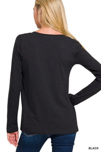 Essential Cotton V-Neck Basic Long Sleeve Top