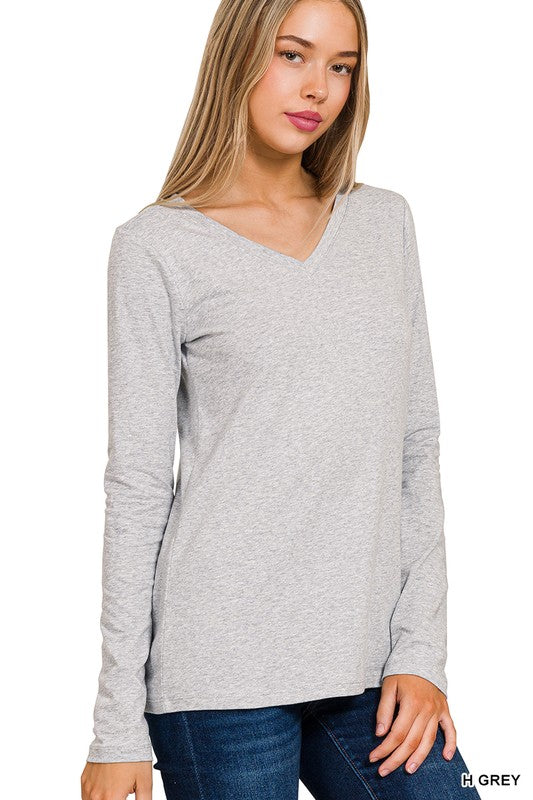 Essential Cotton V-Neck Basic Long Sleeve Top