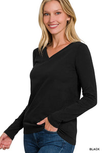 Essential Cotton V-Neck Basic Long Sleeve Top