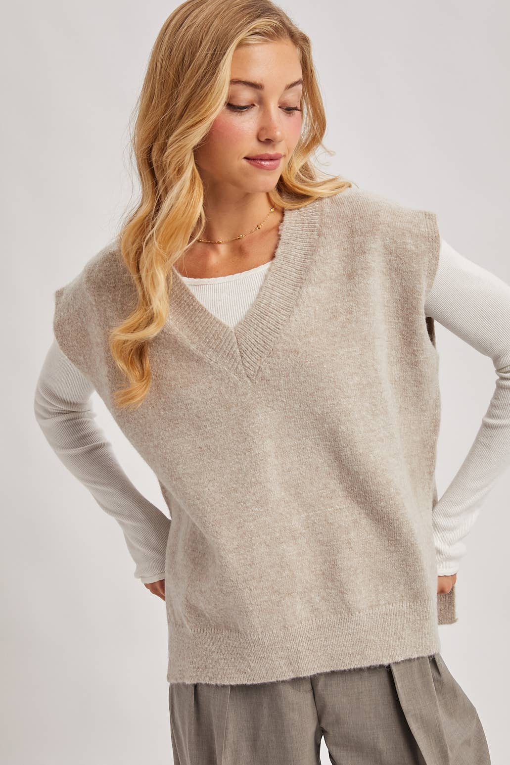 The Marlowe V-Neck Sweater Vest – Women’s Knit Layering Top, Classic Ribbed Trim, Neutral Fall Outfit Essential