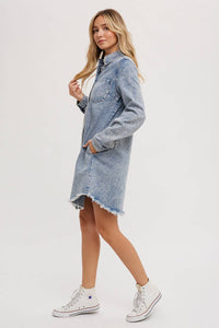 Billie Denim Distressed Long Sleeve Shirt Dress: Medium Wash