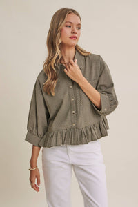 MORNING OAT MICRO CHECK RUFFLE HEM BUTTON-DOWN SHIRT: VANILLA / S