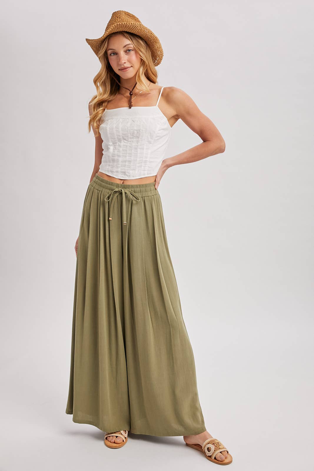 The Everly Flowing Wide Leg Pants: Lt Olive – High Waist Drawstring Palazzo