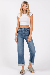 Ella High Rise Relaxed Straight Jeans with Cuffed Hem – Medium Wash