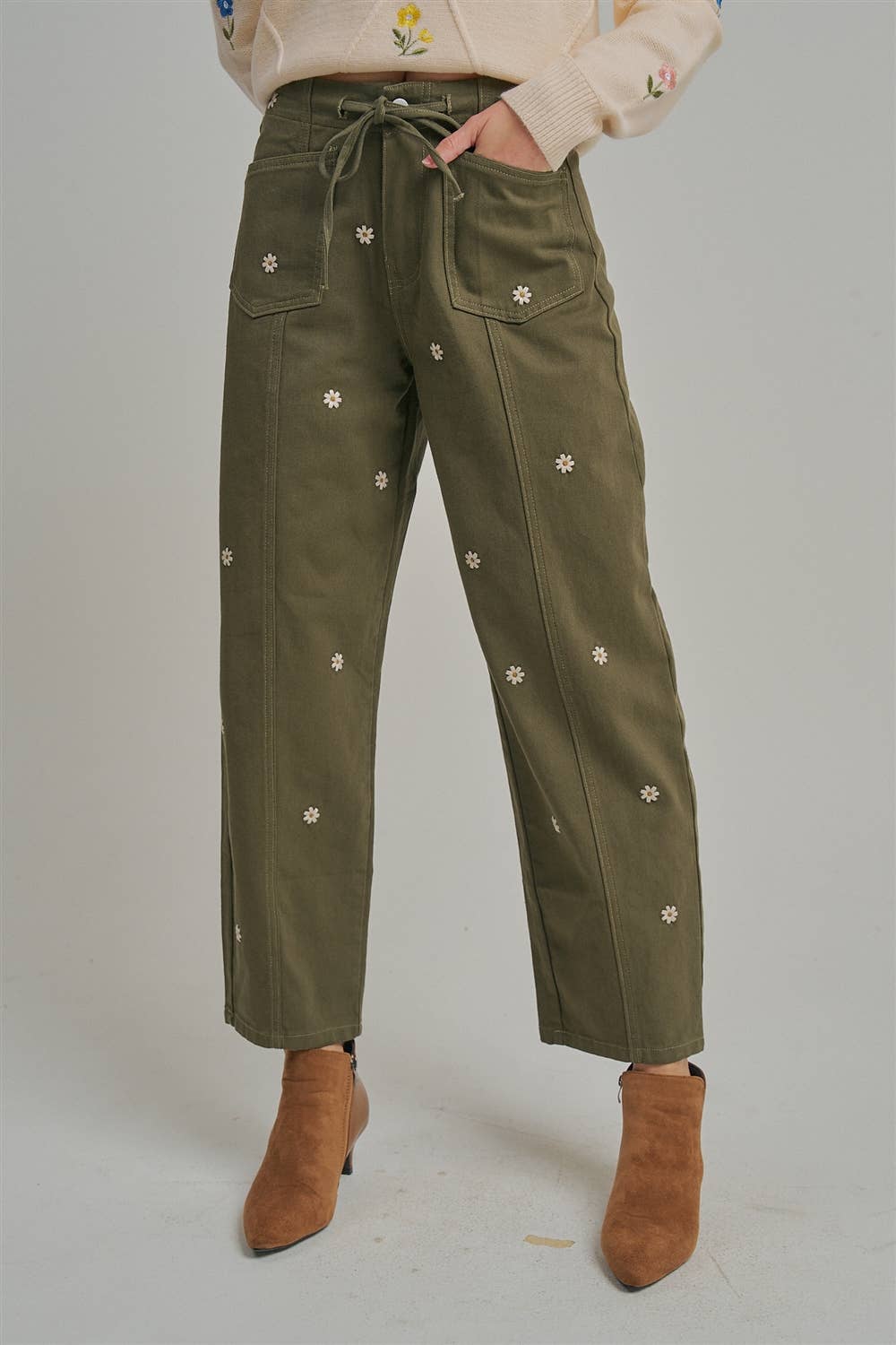 Picked for You Floral Barrel Pants: Olive