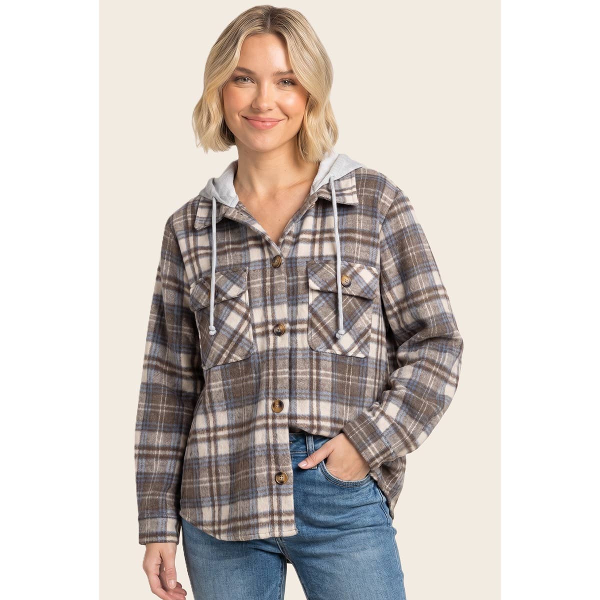 Layer Up Plaid Hooded Shacket: Brown/ Blue