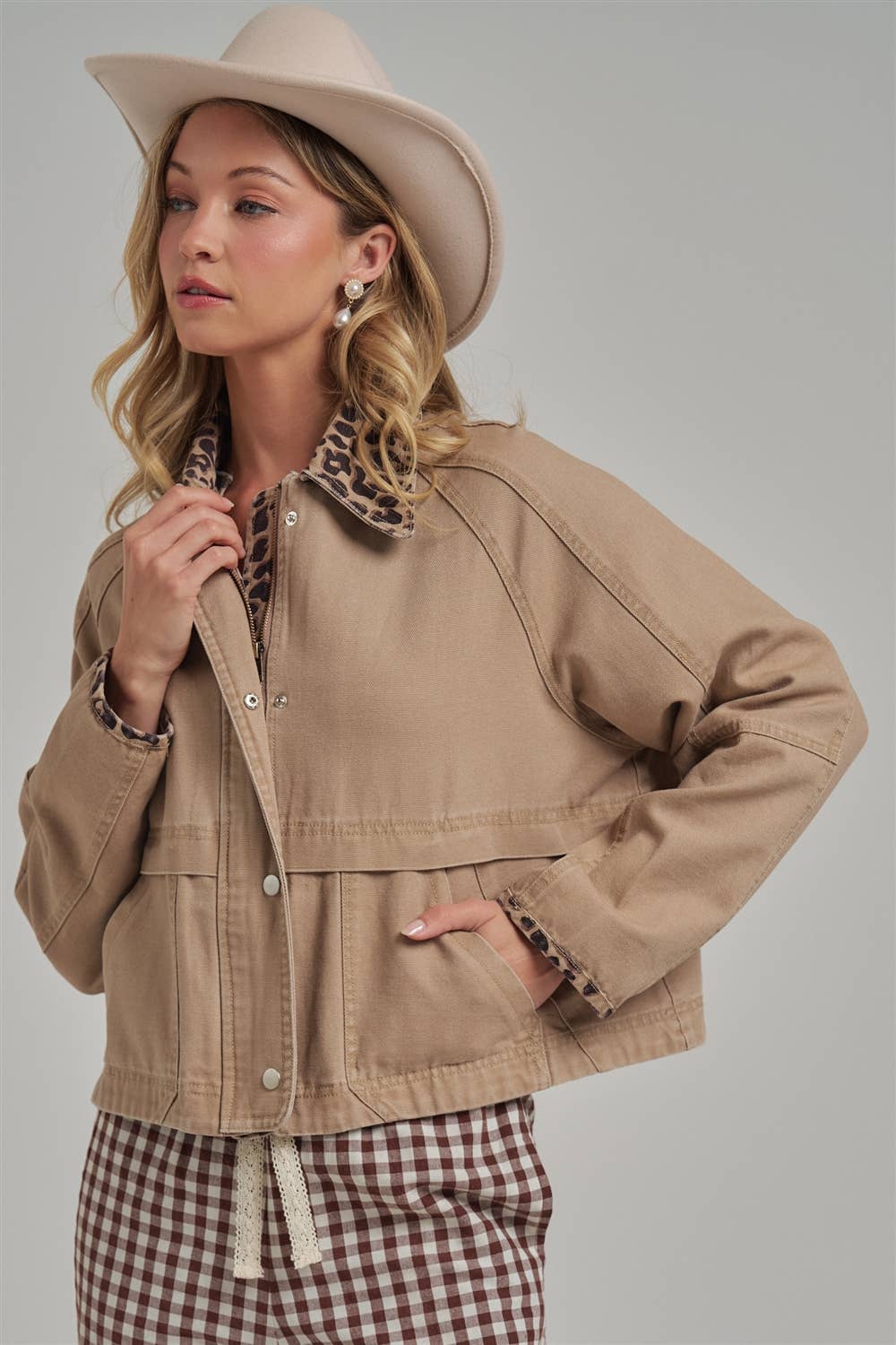 Just a Little Wild Barn Jacket: Taupe/ Leopard