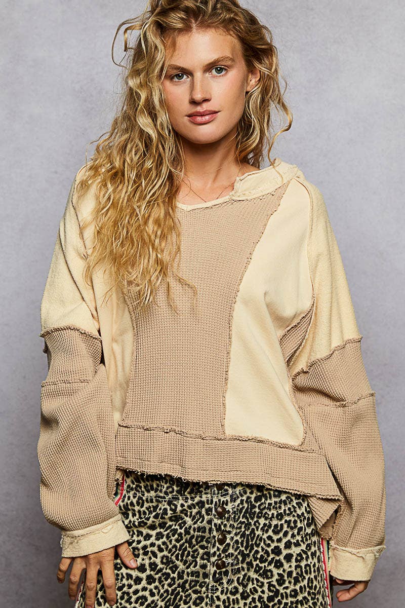 Notched Neck Contrast Fabric Basic Long Sleeve Top SALE: GREY MULTI / L