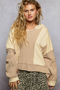 Notched Neck Contrast Fabric Basic Long Sleeve Top SALE: GREY MULTI / L