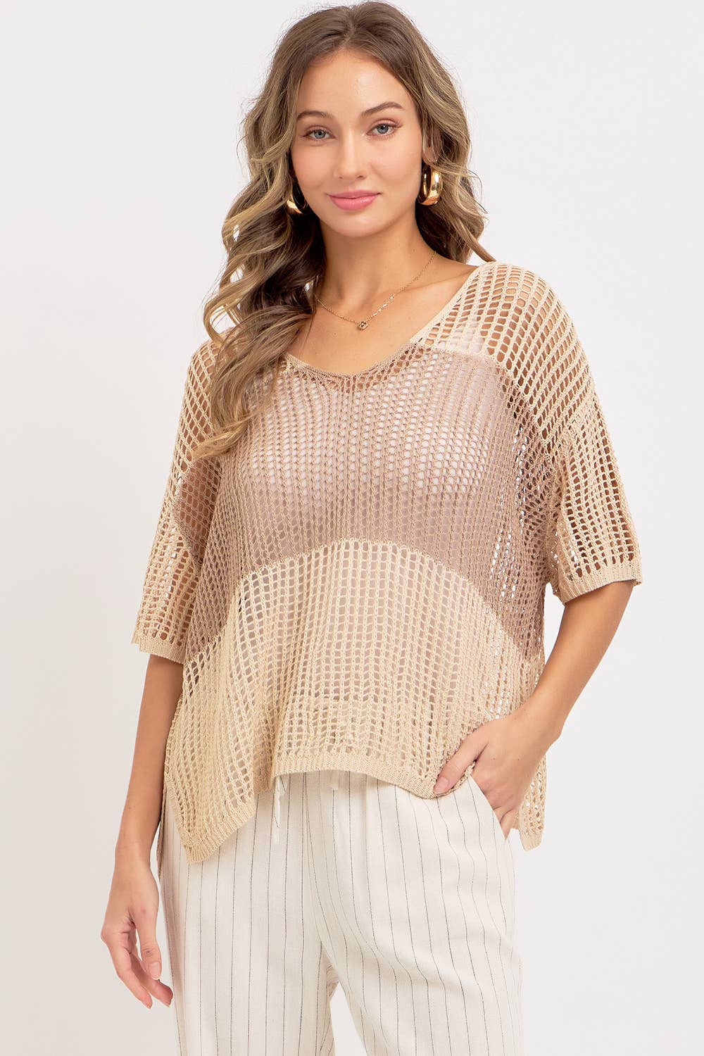 Jade Slouchy Open-Knit V-Neck Top