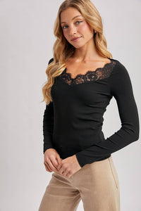 Maren Lace-Trim Ribbed Long Sleeve Top – Black V-Neck Essential | Northern Belle Boutique