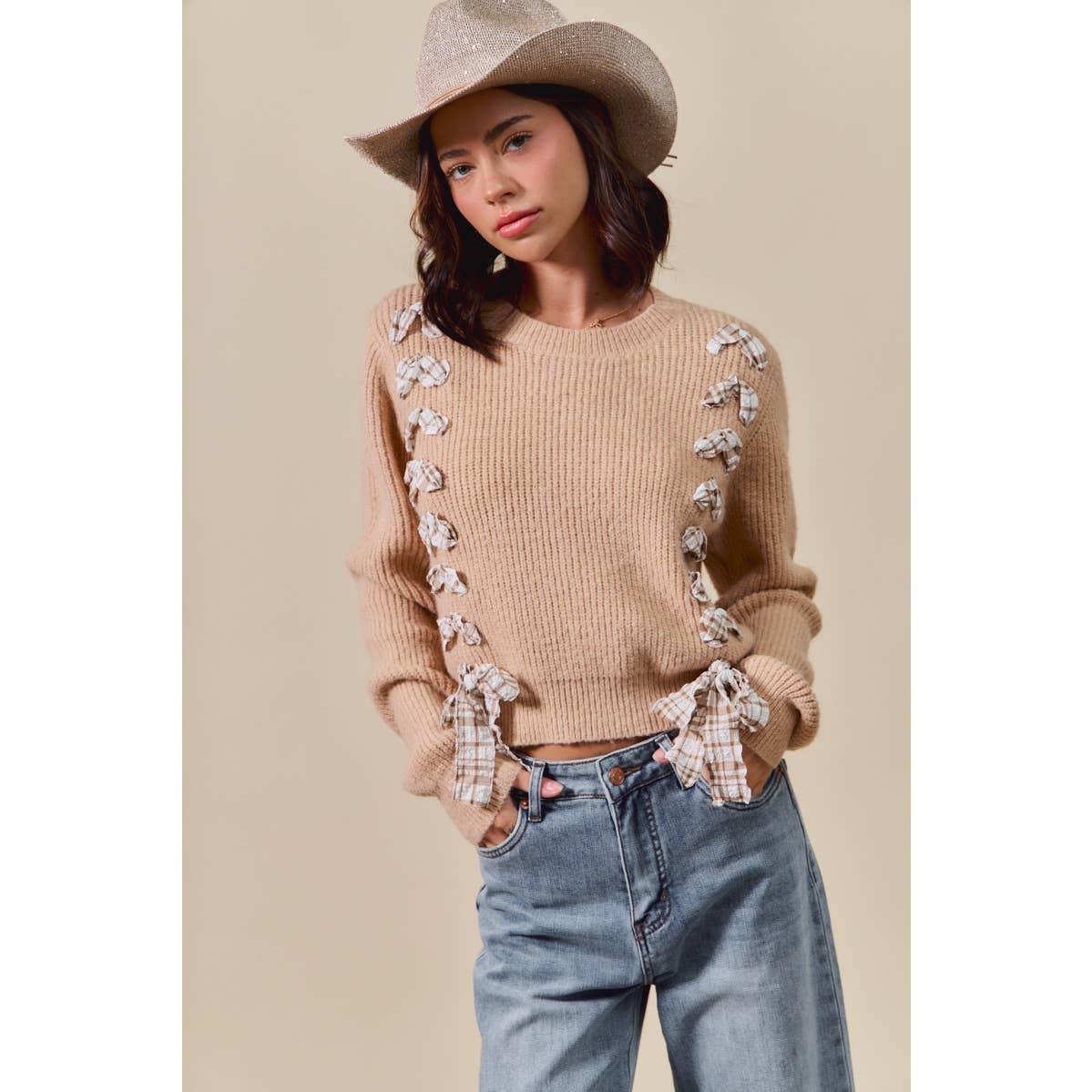 Harper Plaid Bow Detail Sweater: Taupe