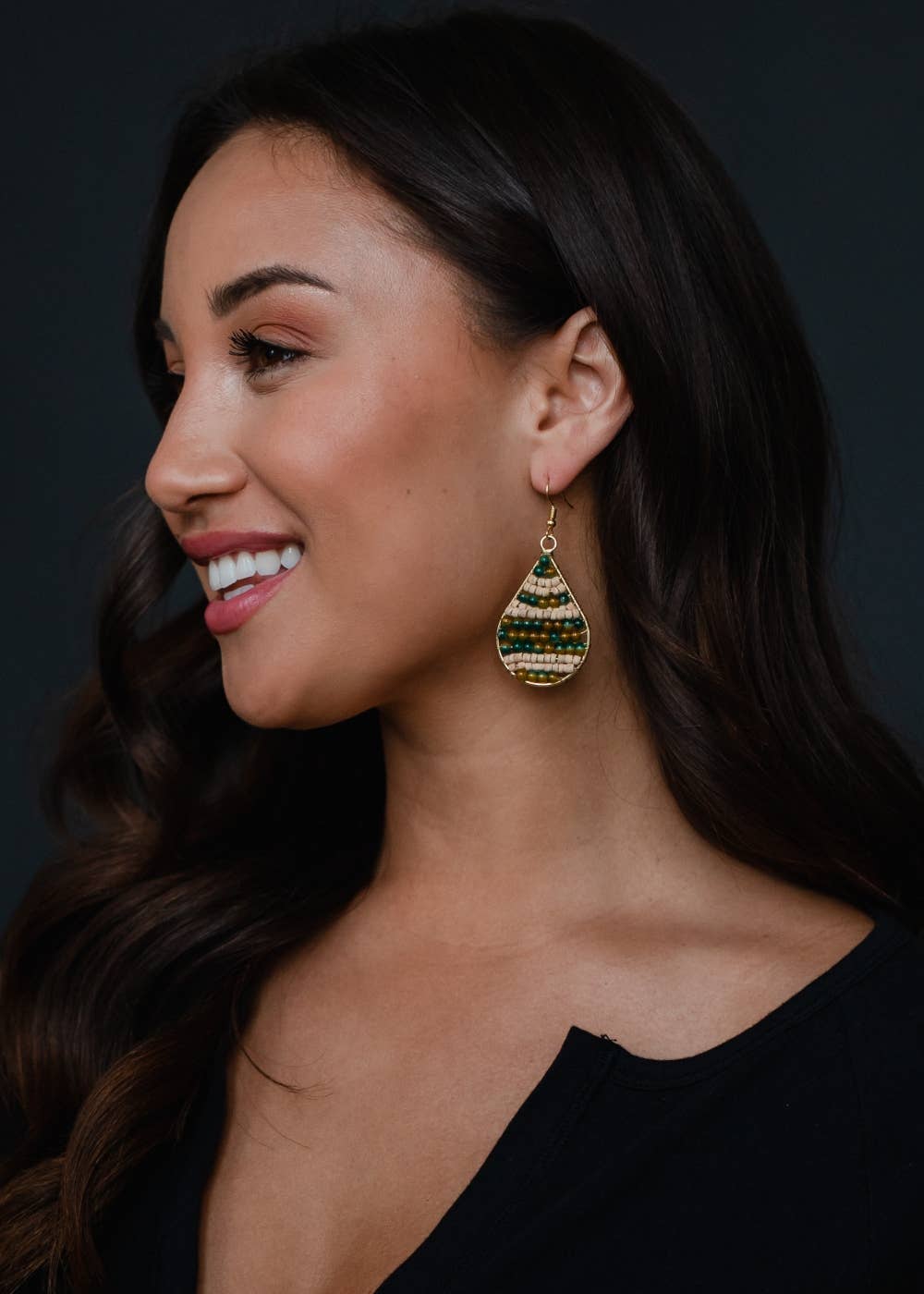The Prairie Bloom Beaded Teardrop Earrings – Olive & Tan Statement Dangles