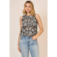 The Celeste Floral Crochet Lace Top: Black.Off White – Monochrome Sleeveless Feminine Blouse
