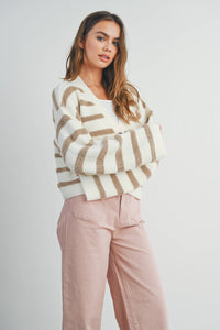 The Charlotte Striped Button Front Cardigan – Cozy Long Sleeve Cropped Knit Sweater