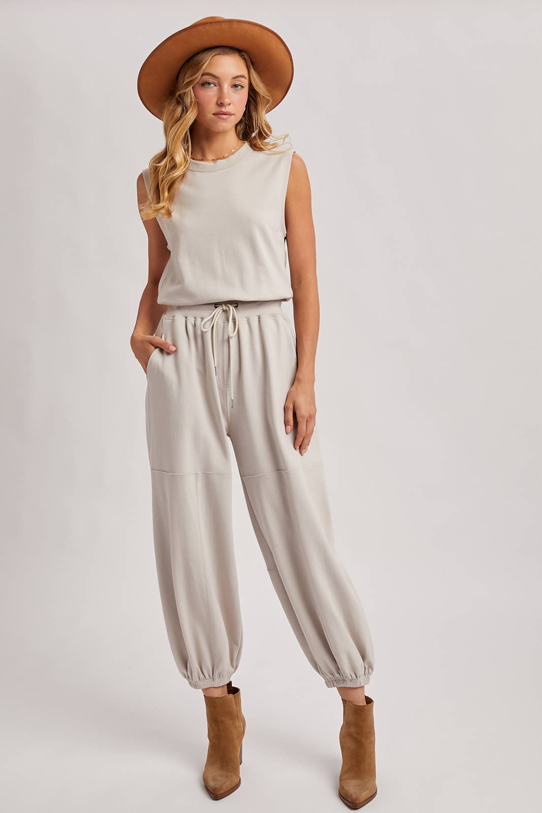The Waverly Knit Drawstring Jumpsuit – Sleeveless Lounge-to-Live Style in Soft Oatmeal