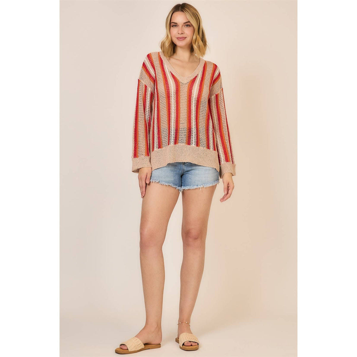 Sunset Stripe Open Knit Sweater: Taupe/ Tomato