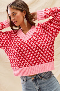 Poppy V-Neck Textured Holiday Sweater – Pink & Red Colorblock Knit Top