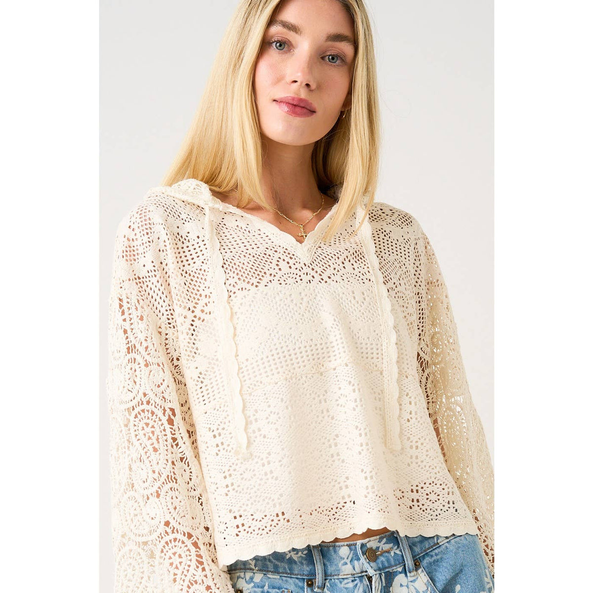 CROCHET LACE BOHO LONG SLEEVE HOODIE TOP: NATURAL / S-M-L(2-2-2)