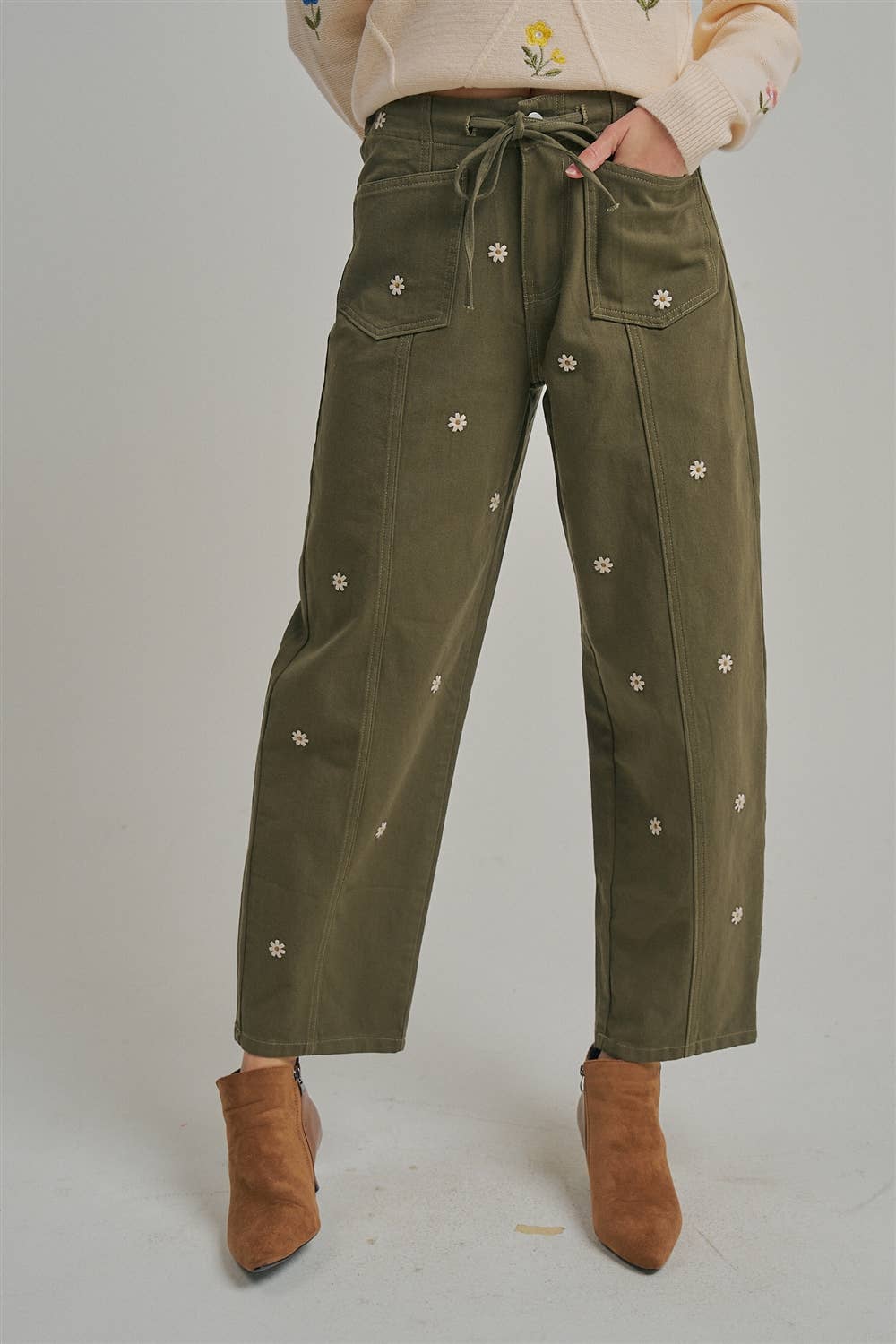 Picked for You Floral Barrel Pants: Olive