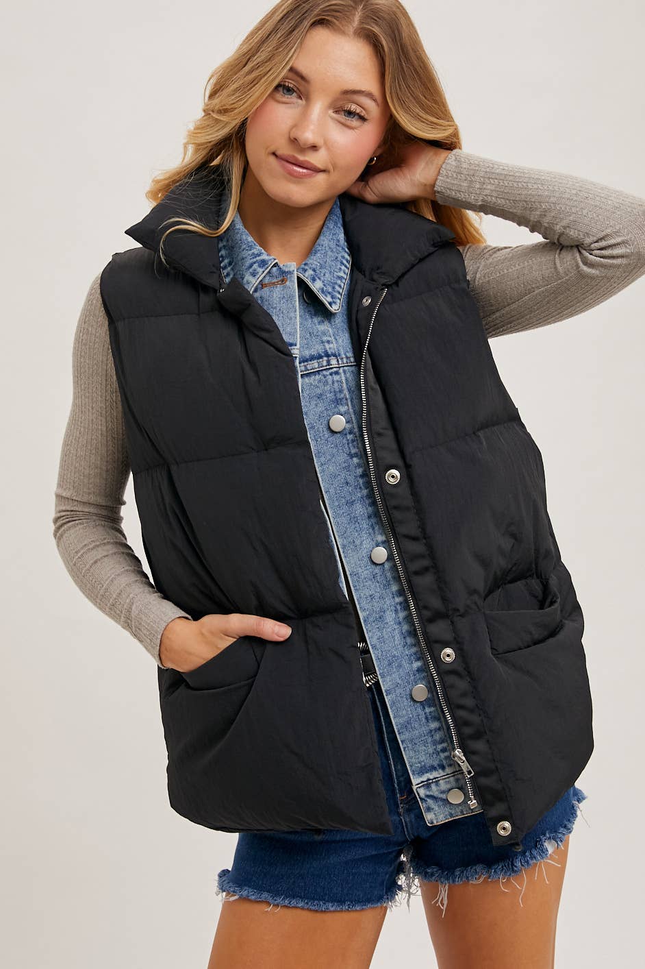 Tori Denim Layered Puffer Vest: Black