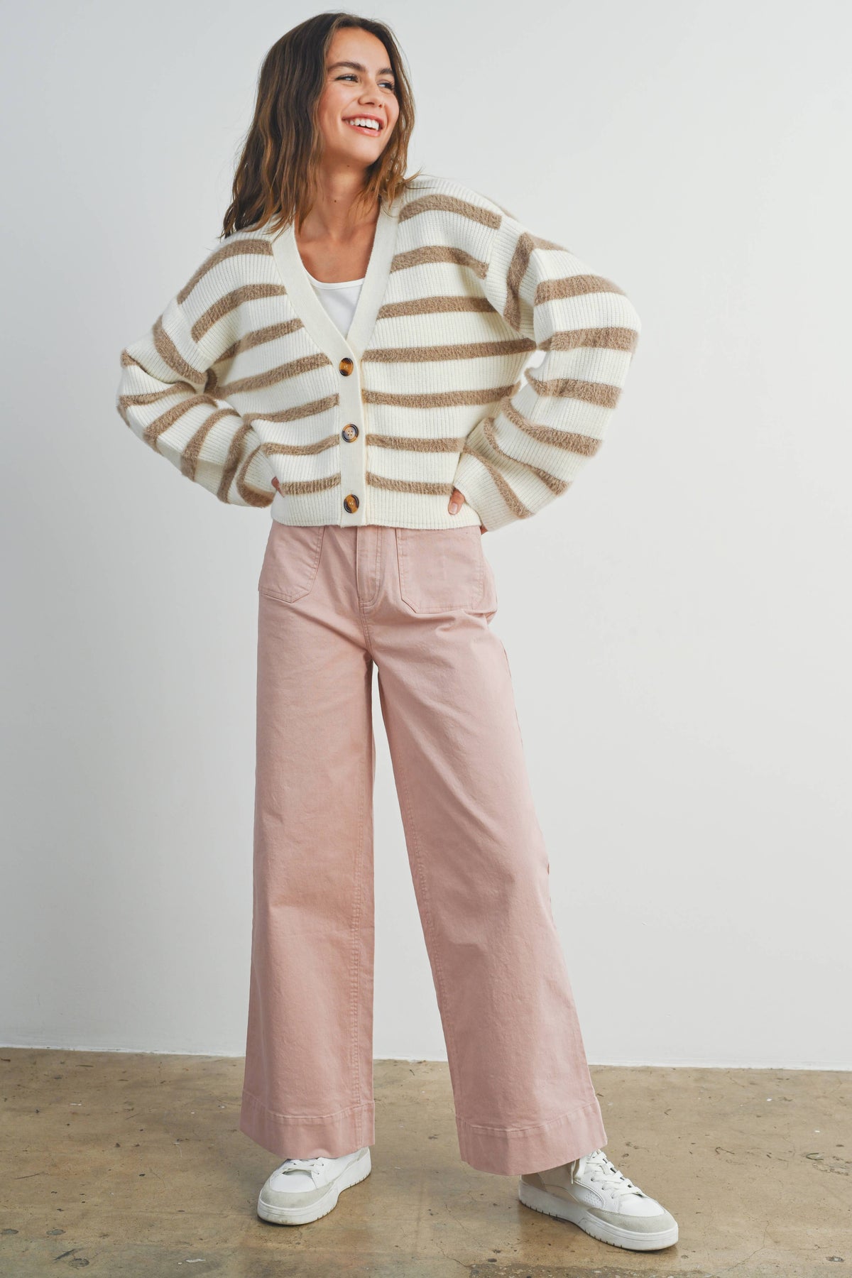 The Charlotte Striped Button Front Cardigan – Cozy Long Sleeve Cropped Knit Sweater