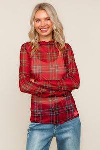 Festive Flannel Vibes Mesh Top – Red Plaid Sheer Long Sleeve Holiday Layer