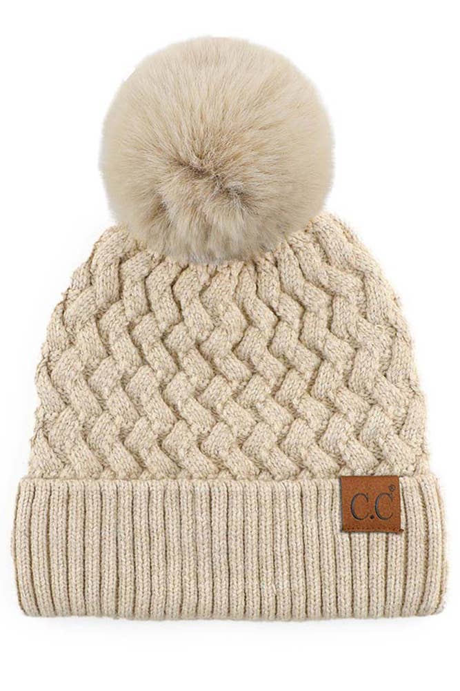 C.C Woven Cable Stitch Cuff Beanie with Faux Fur Pom – Cozy Winter Knit Ha