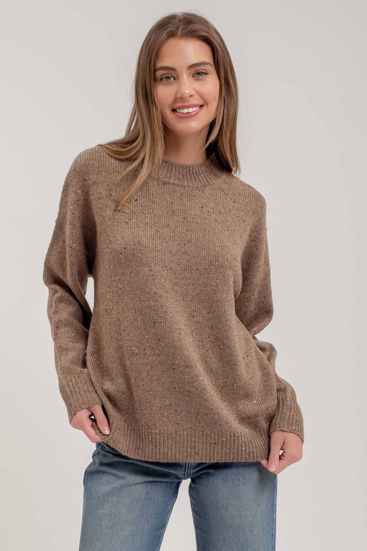 Rita Speckle Knit Mock Neck Sweater: Brown